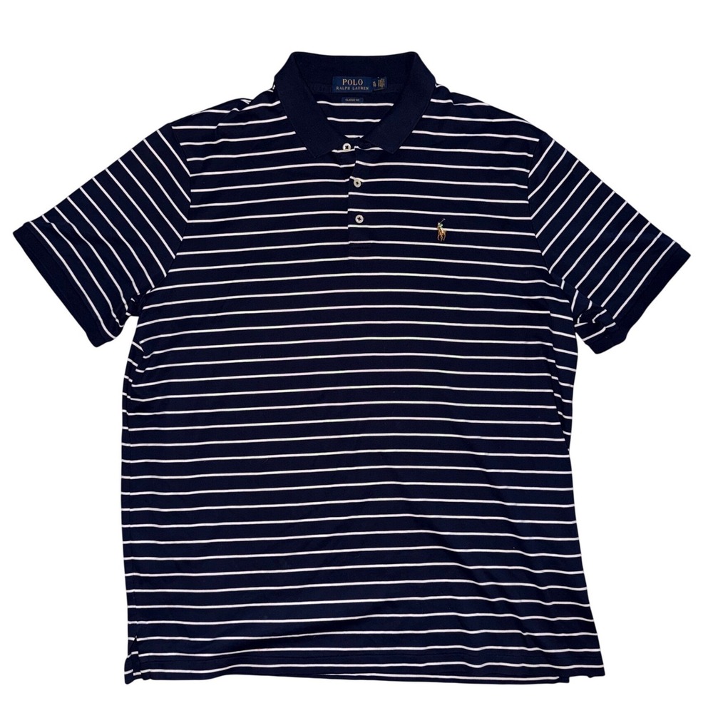 Polo Ralph Lauren Mens XL Classic Fit Striped Polo Shirt Navy Blue White M2 - Picture 2 of 7